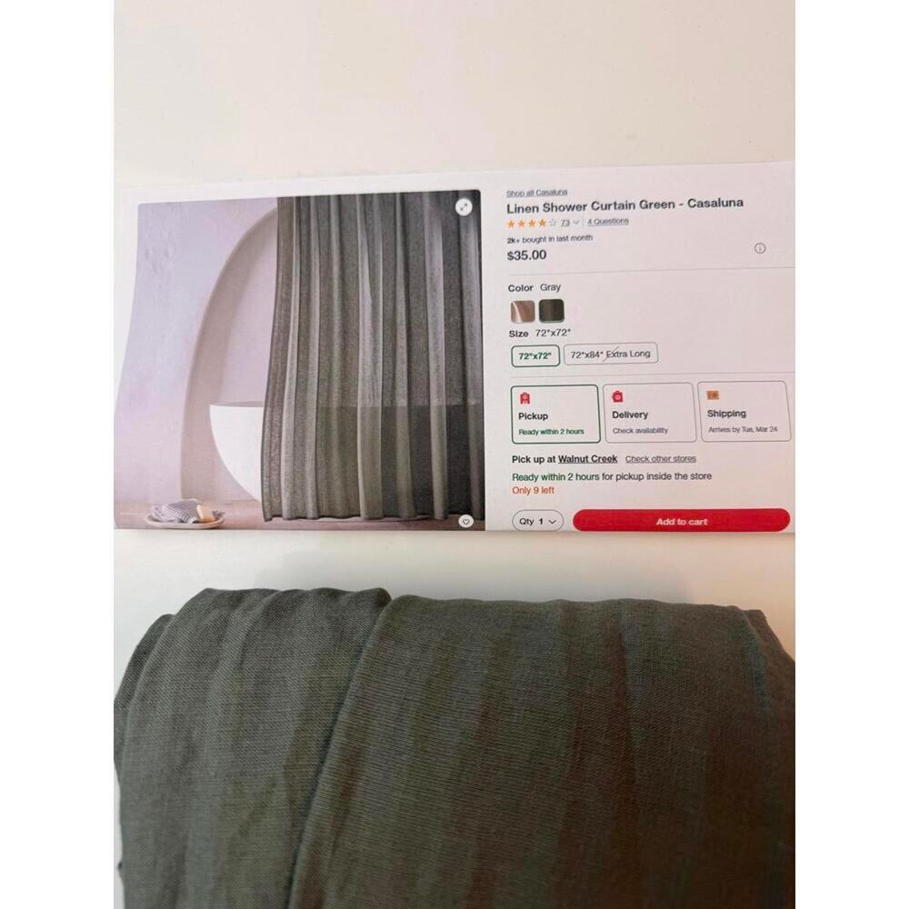 Casaluna Linen Shower Curtain Green 72x72 Coastal Gray Bathroom NWOT